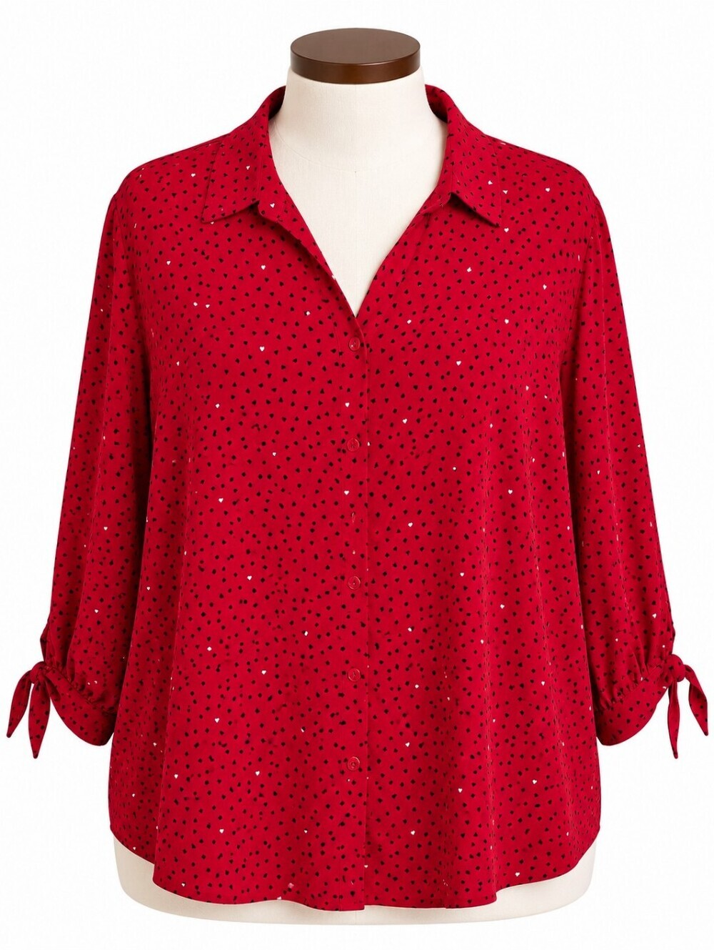 Catherines Red Heart Print Tie Sleeve Button Down Tunic Top Sz 2X Casual Work